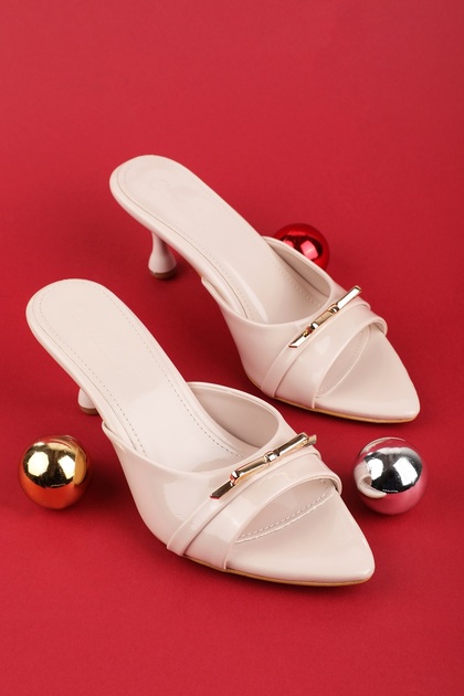 Women's Thin Heeled Elegant Buckle Evening Dress Slippers Mad.604 Beige Patent Leather