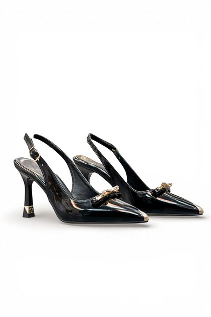 Women's Black Patent Leather Medium Heel Stiletto with Metal Buckle New Season F601