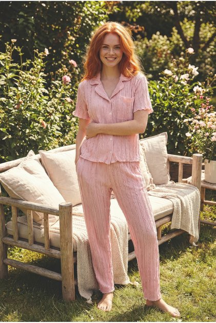 Ruffle Detailed Knitted Short Sleeve Buttoned Pajama Set