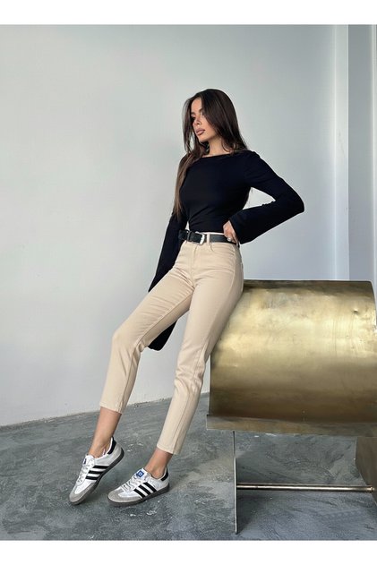 Beige High Waist Linen Pants with Tube Legs Mom Pants