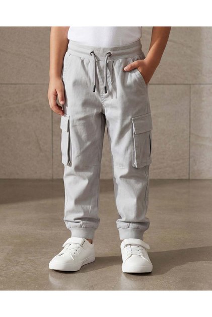 Boys Grey Rib Waist Cargo Pocket Twill Joggers