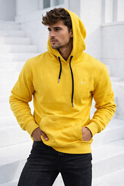 Men's Yellow Cotton Hooded Sweatshirt with Kangaroo Pocket