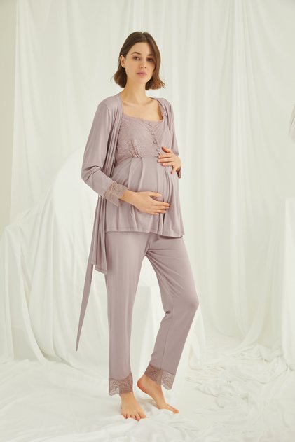 Women'S, Viscose, Mink Color, Lace Front Buttoned Maternity 3-Piece Pajama Set