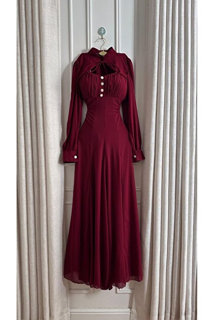 Special-DIARA Elegant burgundy dress with a modern Victorian design-  Trendyol