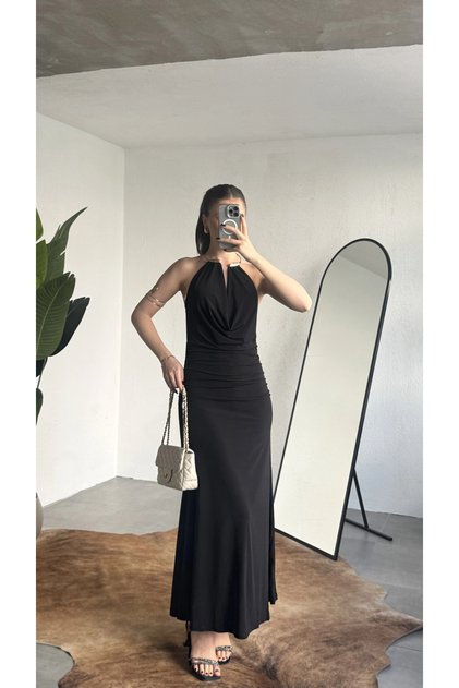 Women's Black Halter Neck Maxi Long Evening Dress with Gold Accessories, Draped and Backless