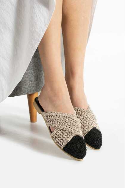 White Braided Crossed Closed Women's Slippers Home and Outdoor Slippers Dowry Slippers Stc1250
