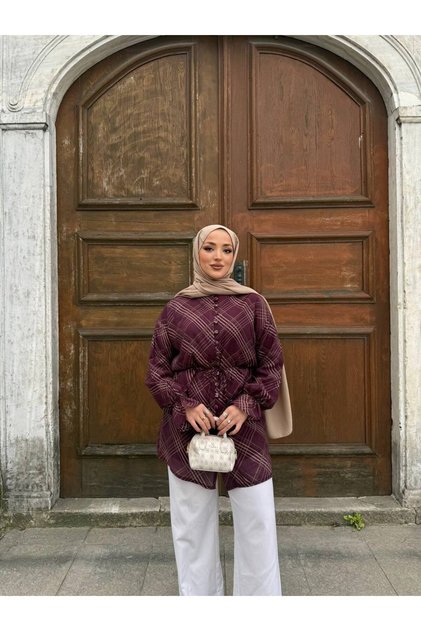 Burgundy Plaid Patterned Tunic Shirt Yrn-2291