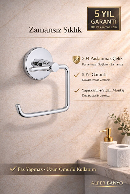 304 Paslanmaz Çelik Tuvalet Kağıtlığı – 5 Yıl Garantili – Yapışkanlı & Vidalı Montaj