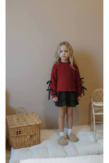 Girl's Full-Length Holiday Outfit with Ruffled Skirt and Ribbon Details on the Sleeves