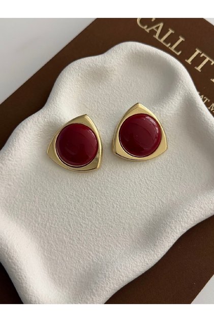 Women's Gold Color Triangle Shape Red Stone Earrings