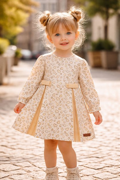 Baby Girl-Child Minimal Heart Patterned Front Pleated Beige Dress 6-18 Months