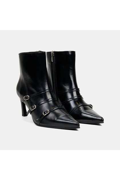 Women's black zippered stiletto pointed-toe leather boots