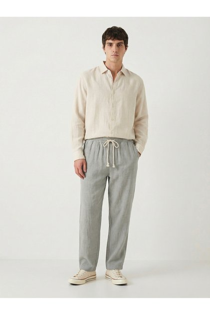 Men's Gray Comfortable Fit Linen Muslin Trousers Lightweight Fabric with Back Pockets