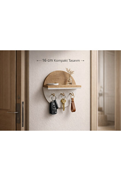 Formea Modern Gold Mini Kancalı Ahşap Çift Renk Duvar Rafı, Dekoru Ve Anahtarlık( 16 cm)