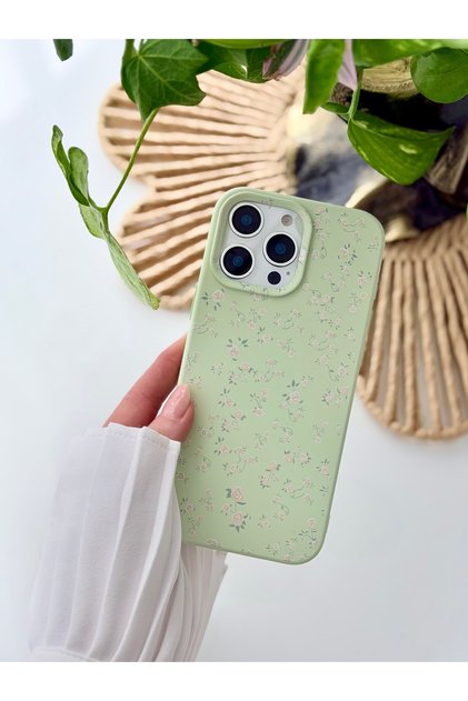 iPhone 16 Promax Compatible Printed Green Mini Flower Design Flexible Silicone Case