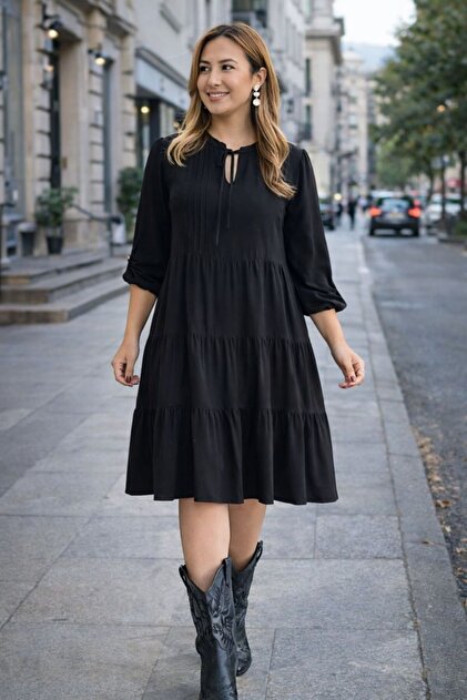 Women's Black Lace Detailed Patchwork Collar Plain Pattern Long Sleeve Midi Dress
