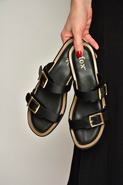 Y973291109 Black Buckle Detailed Women's Slippers