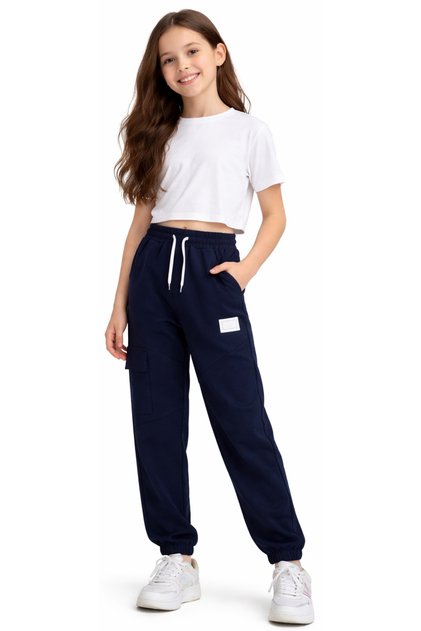 Girl's Navy Blue Color Sweatpants with Elastic Waist and Ankle, Right Leg Cargo Pocket and Embroidery