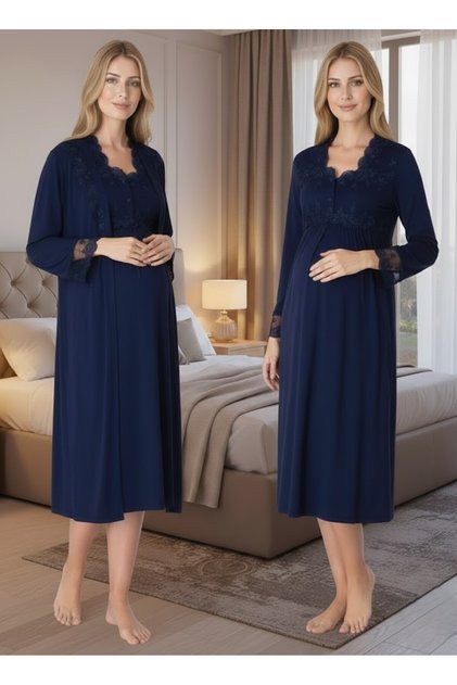 Women's Navy Blue Long Sleeve Stylish Lace Detailed Buttoned 100% Cotton Maternity Dressing Gown Nightgown Set