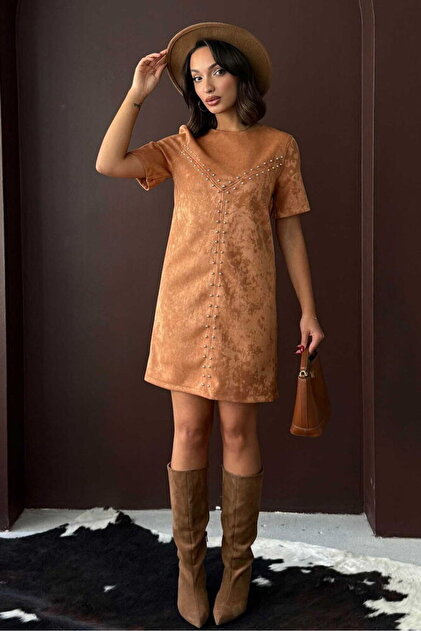 Droplu Suede Dress - Tan | Vmf2039 - Taba
