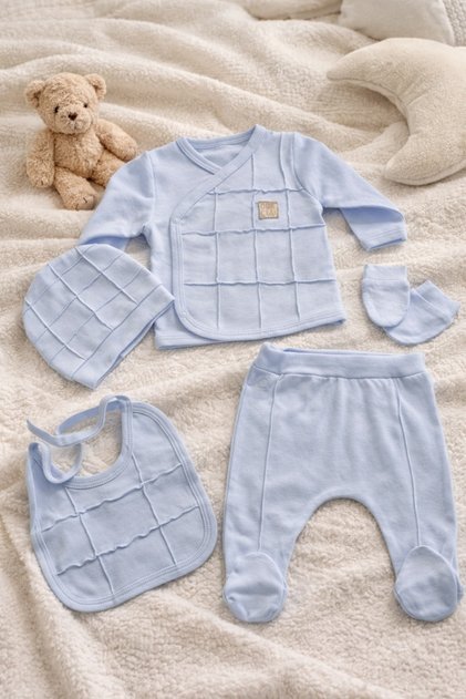 Set bebe 5 piese albastru pastel bumbac bluza pantaloni caciula bavetica