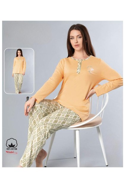 Melodi Kadın Standart Kalıp %100 PAMUK Düğmeli Yaka Uzun Kol Baharlık Pijama Takımı 16166- 1 Adet