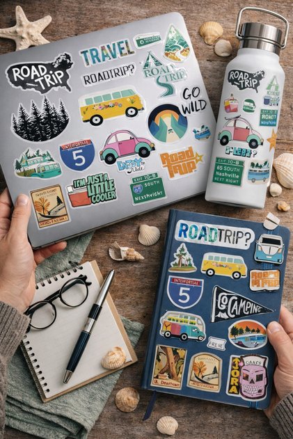 Road Trip & Travel Sticker Set – Retro Vehicle and Camping Themed Stickers – 22X30 cm
