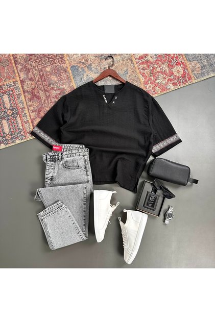 Men's Oversize Linen Embroidered T-Shirt and Jeans 2-Piece Set