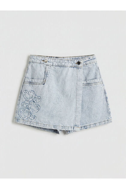Blue Heart Embroidered Girls' Denim Shorts Skirt