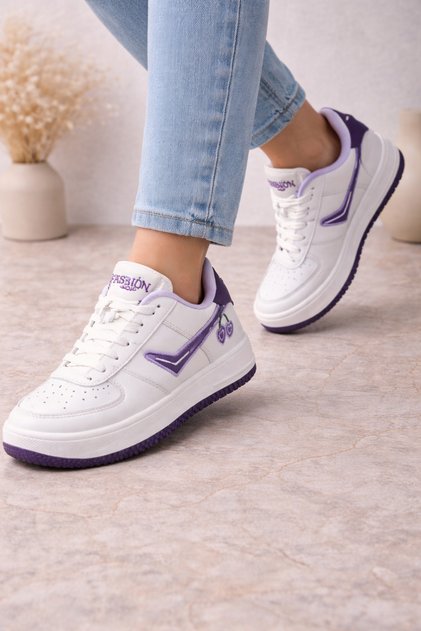 Women's Sneaker Sports Shoes Cherry Detailed Embroidered Orthopedic Shoes White Purple