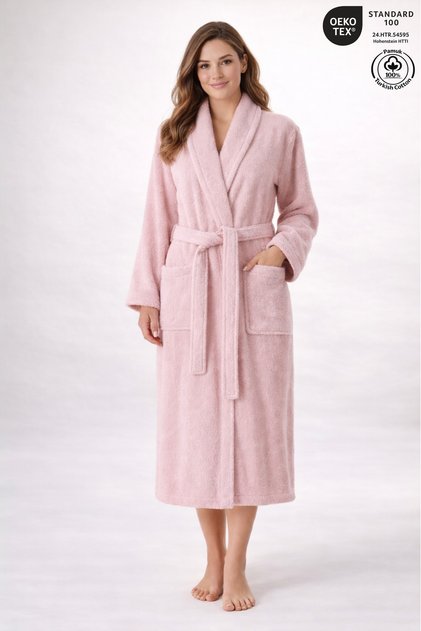 Women's Bathrobe 100% Certified Cotton, 1 Piece, Dressing Gown / Robe - Pink