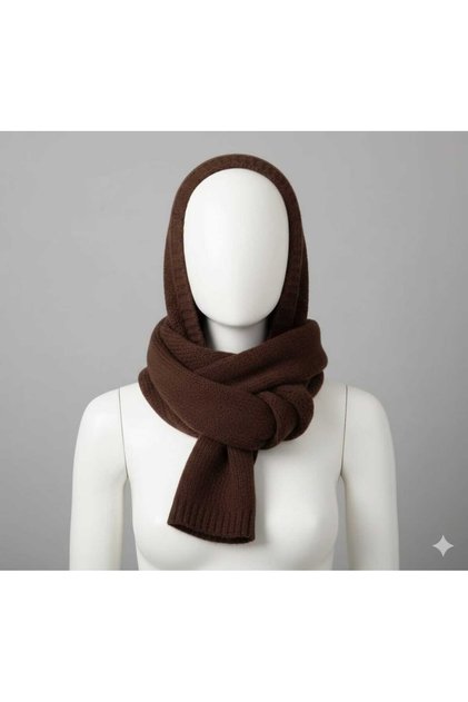 Kadın Gri Siyah Bej Kahverengi Örgü Balaklava Modern Stil PratikKapüşonlu Boyunluk ve Atkı Bir Arada