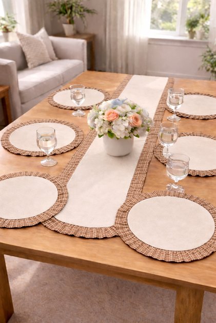 Washed Premium Linen, Gingham Ruffled Runner, American Style 7-Piece Dowry Presentation Set
