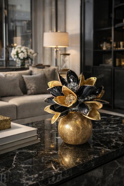 Lüks Cam Çiçek Biblo – Kristal Detaylı Gold Siyah Modern Dekor Objesi