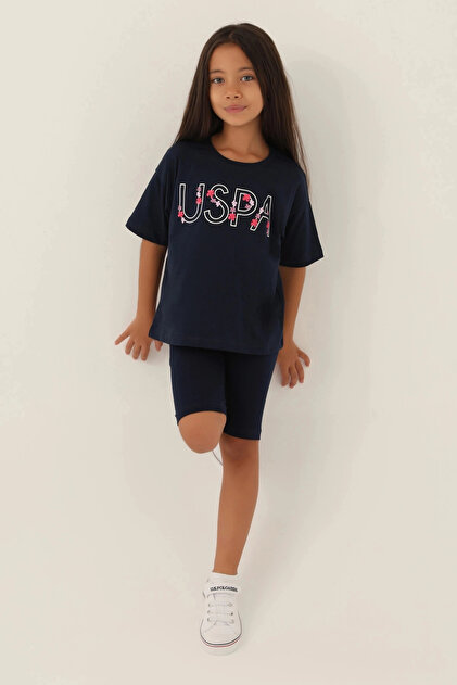 US Polo Assn Licensed Written Flowers Navy Blue Girl's Bermuda Suit