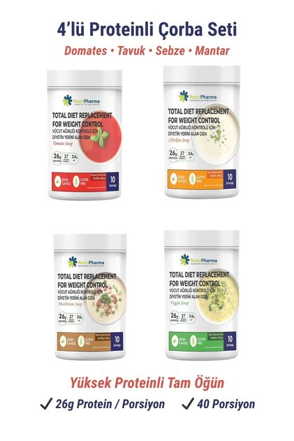 Whey Proteinli 4’lü Çorba Seti – Öğün Yerine Geçen Tam Öğün Tozu
