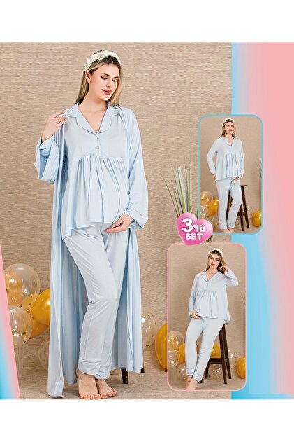 Blue Long Sleeve Ribbed Buttoned Design Maternity Long Dressing Gown Pajama Set 3-Piece Set