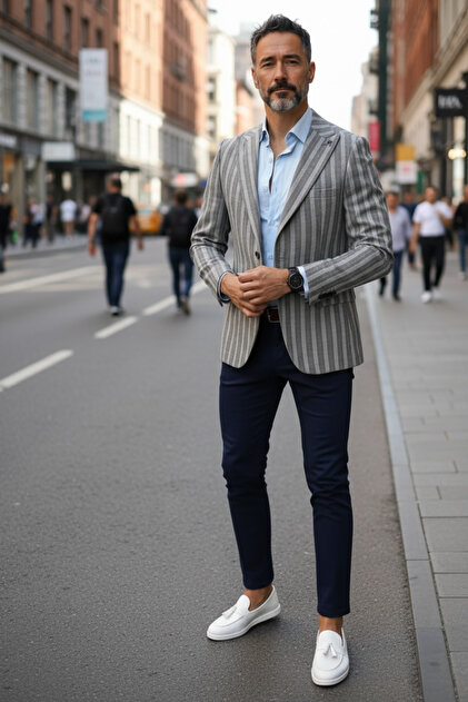 Sacou pentru barbati, slim fit, in dungi, 57401, gri