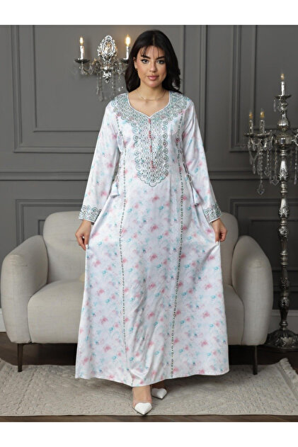 Nice Model White Pastel Floral Silk Satin Modest Maxi Dress With Geometric  Embroidered Chest For Evening Home- Trendyol