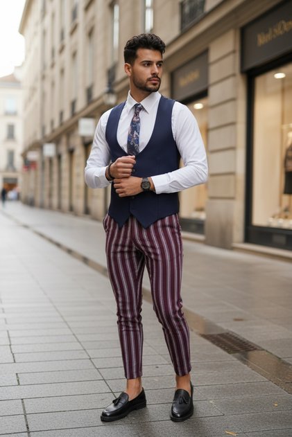 Costum pentru barbati, Pantaloni + Vesta, in carouri, costum evenimente, Bleumarin, B1571