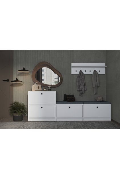 Modüler Beyaz Portmanto - 4 Kapaklı Ayakkabılık ve 2 Adet Oturma Puflu Set PNR-PRT-1014