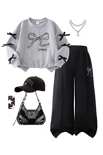 Ribbon Printed Top Gray Sweat Bottom Wide Leg Black Ribbon Detailed Set