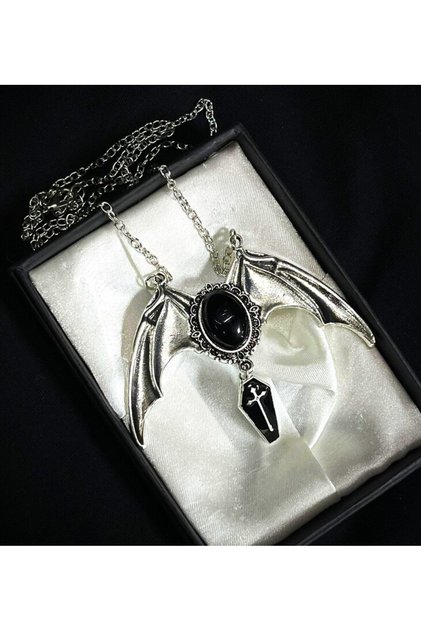 GOTİK BLACK BAT CROSS TABUT KOLYE