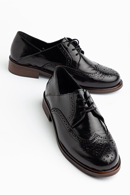 Women's Black Patent Leather Genuine Leather Lace-Up Loafer Shoes