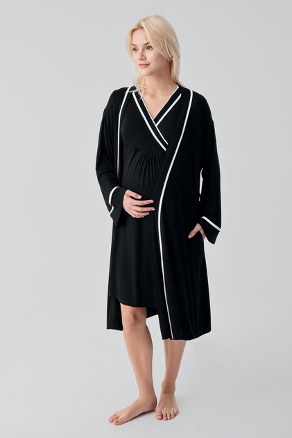 Short Sleeve Flexible Viscose Maternity Dressing Gown Nightgown Set with Nursing Compartment