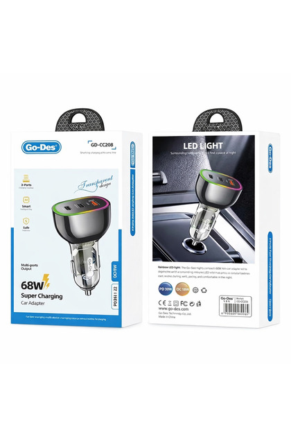 شاحن سيارة Go Des GD-CC208 سريع الشحن بمنفذين من النوع C ومنفذ USB-A بقوة 68 واط