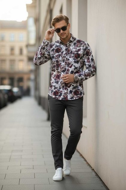 Rose Patterned Colorful Long Sleeve Men's Shirt