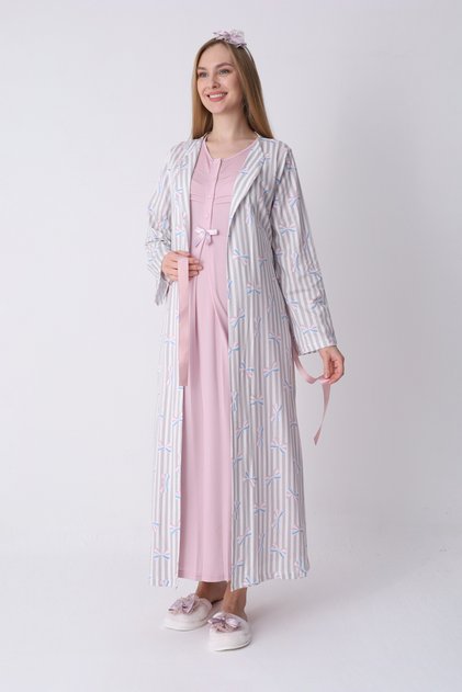 Maternity Nightgown and Dressing Gown Set – Maternity Nightgown Set, Crew Neck Striped Patterned Cotton Viscose