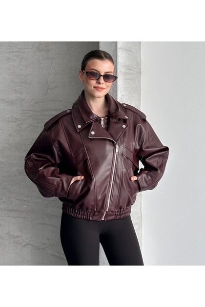 Brand Model New Season Leather Jacket with Elastic Waist Detail