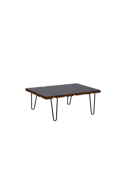 A serving table with a glass top and a wooden accent.